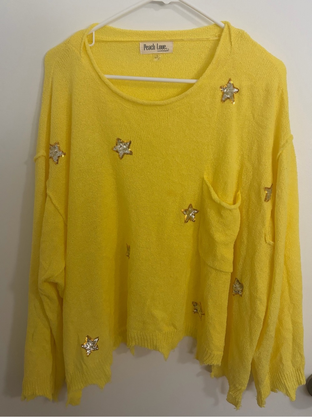 Peach Love California Yellow Star Pocket Sweater - Sequin Stars